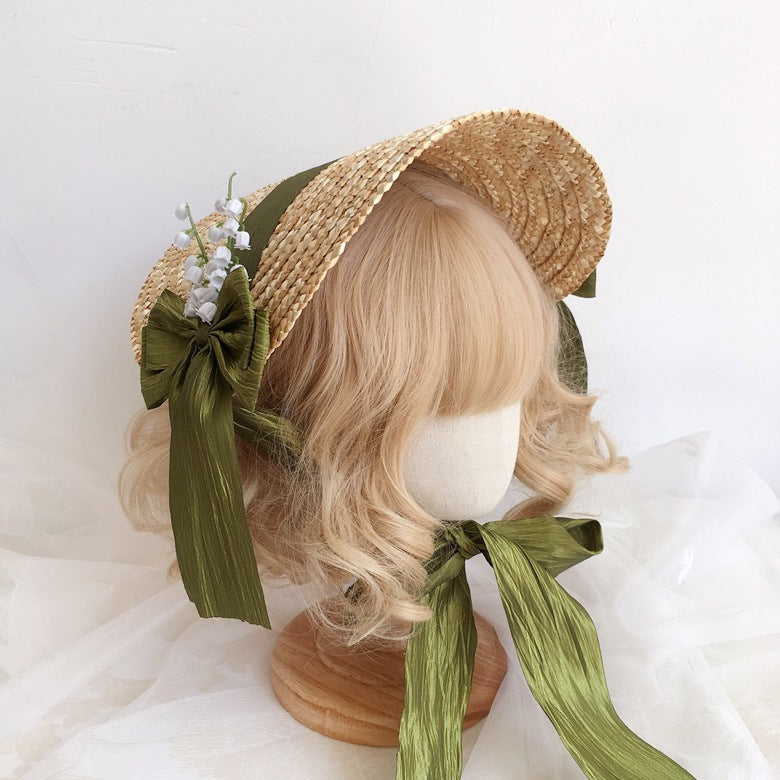 Original French Pastoral Lolita Handmade Lily of the Valley Forest Style Bowknot Bnt Flat Hat Straw Hat Photo Shoot Catwalk Cla