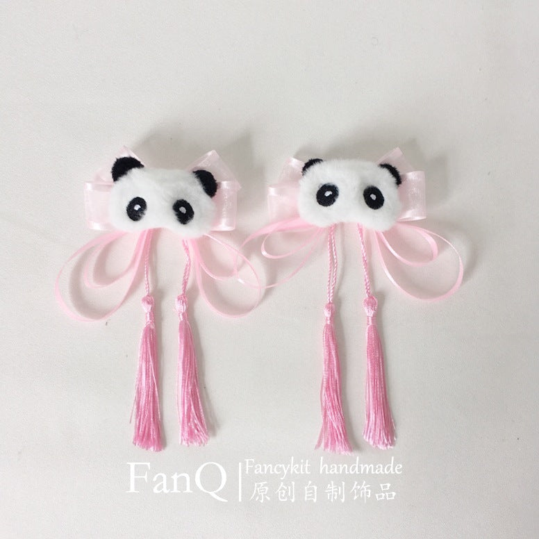 FanQ Handmade Mori Style Lolita Green Gauze Little Panda Bow Tassel Hair Accessory