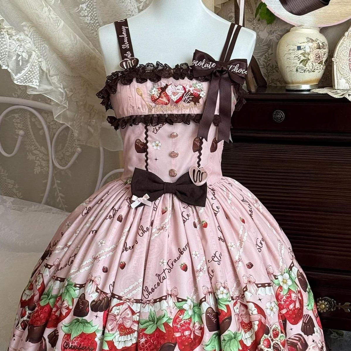 Strawberry Chocolate Lovers - Kawaii Lolita Embroidered Printed Dress Pink - Embroidered JSK Only S