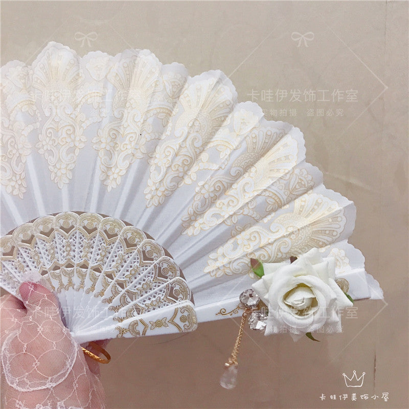 LolitaFashion LolitaFetch bridal lace folding fan with gold stamping, European Gothic vintage design, perfect for tea parties or events