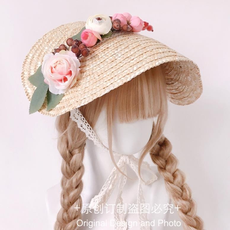 Handmade Straw Hat Flat Hat Lolita Handmade Tea Party Pastoral Bonnet