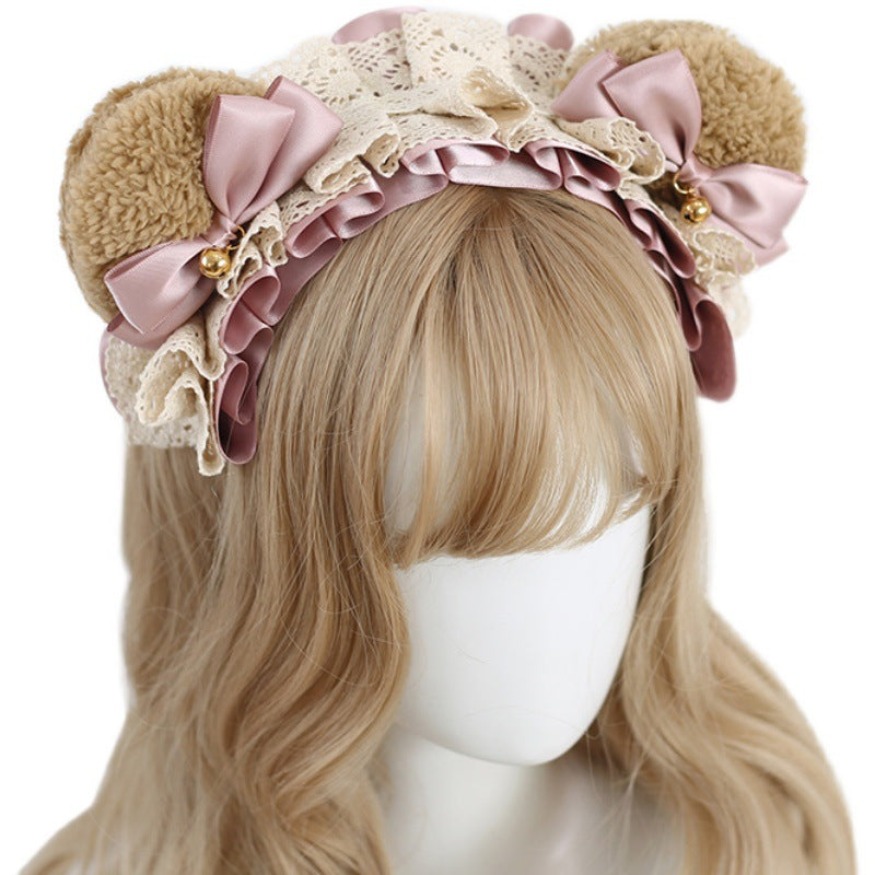 Coffee Color Lolita Bear Ear Headband KC - Bow & Lace Cute Girl Hair A