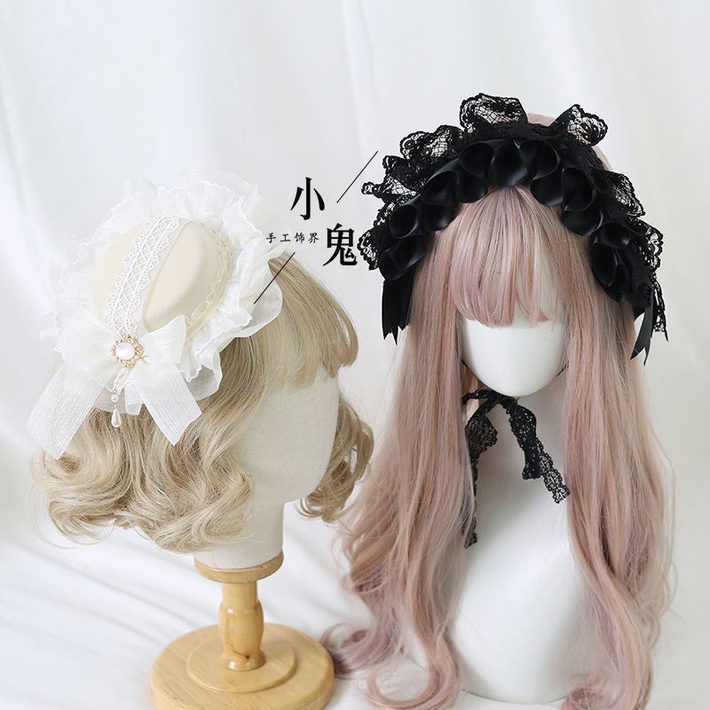 Miss Fula Lolita  Elegant Hairband Lolita Hairband Necklace White Wedding Black Hat