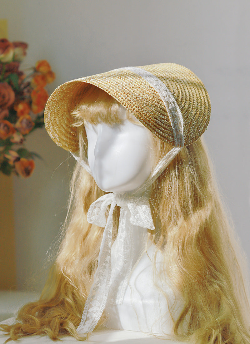 Vintage French Lolita straw flat hat with lace strap, handmade accessories, perfect for vintage-inspired fashion.