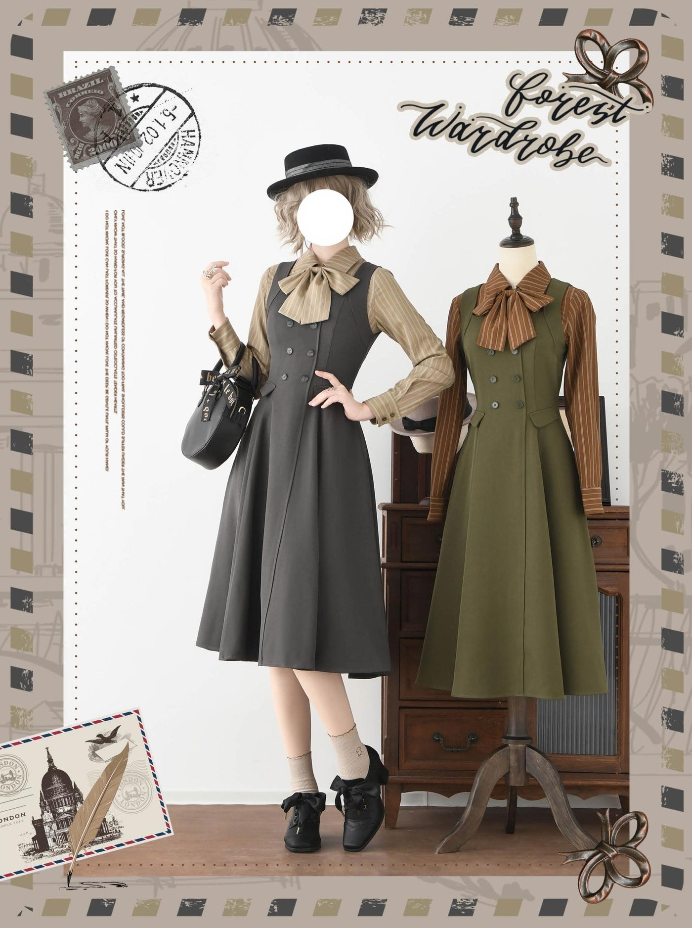 Forest Wardrobe - Forest Ode - Classic Lolita Striped Shirt, Detachable Bow Tie