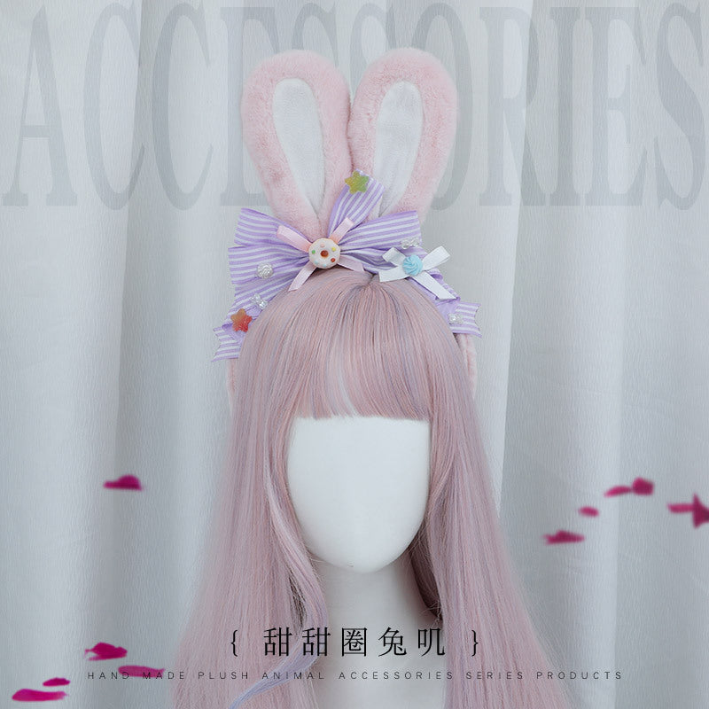 Handmade Lolita Hair Accessories Cute Girl JK Japanese Style Donut Plush Bunny Ear Headband - Lolita Fetch