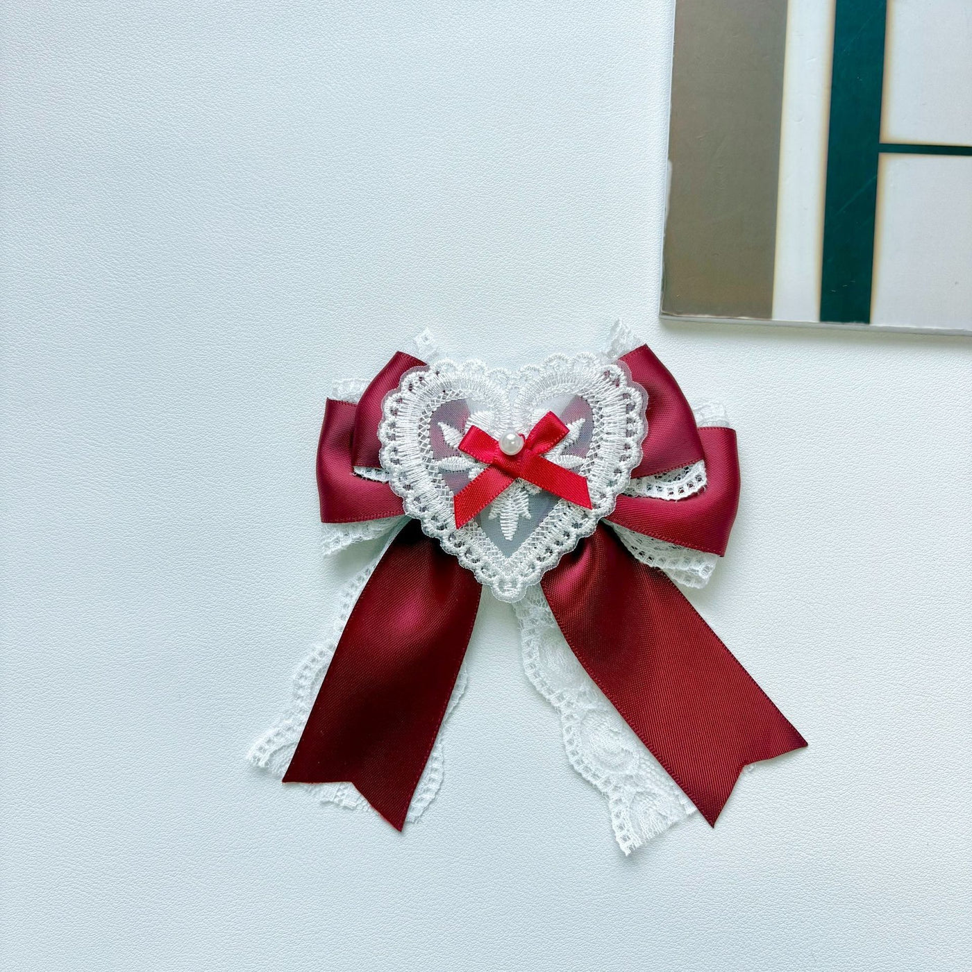 Handmade - Cherry Heart Bow - Lace Brooch - detail view 7