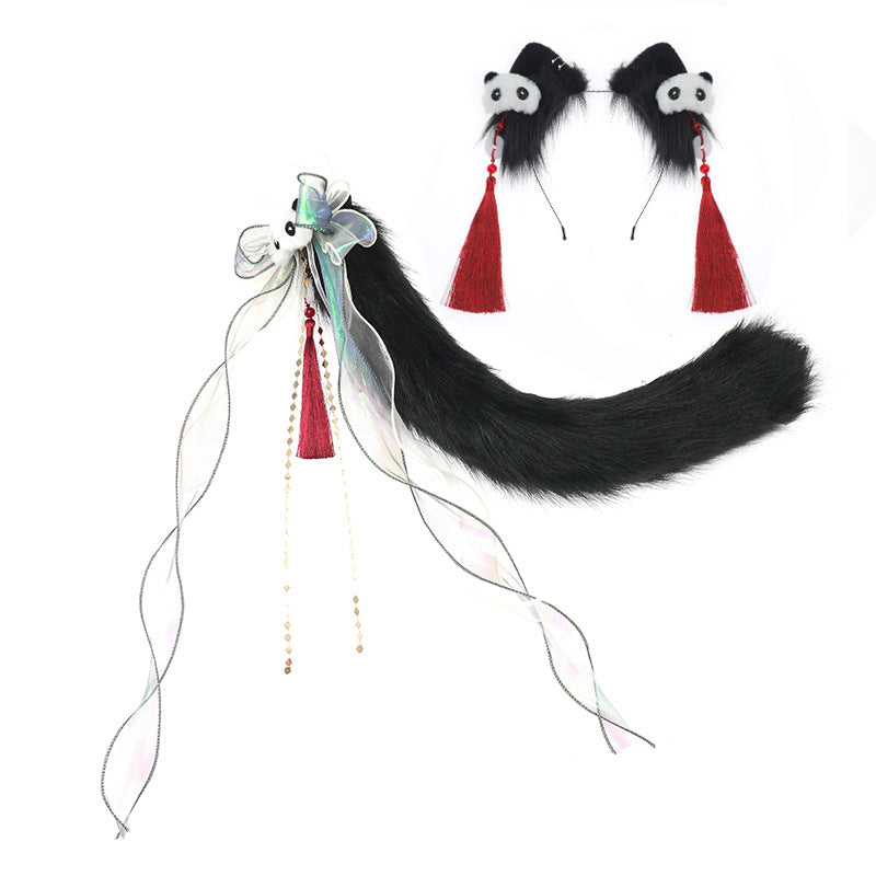 Lolita Chinese Style Cat Ear Headband Subculture Animal Ear and Tail Cosplay Accessories Plush Cat Ear and Tail Set