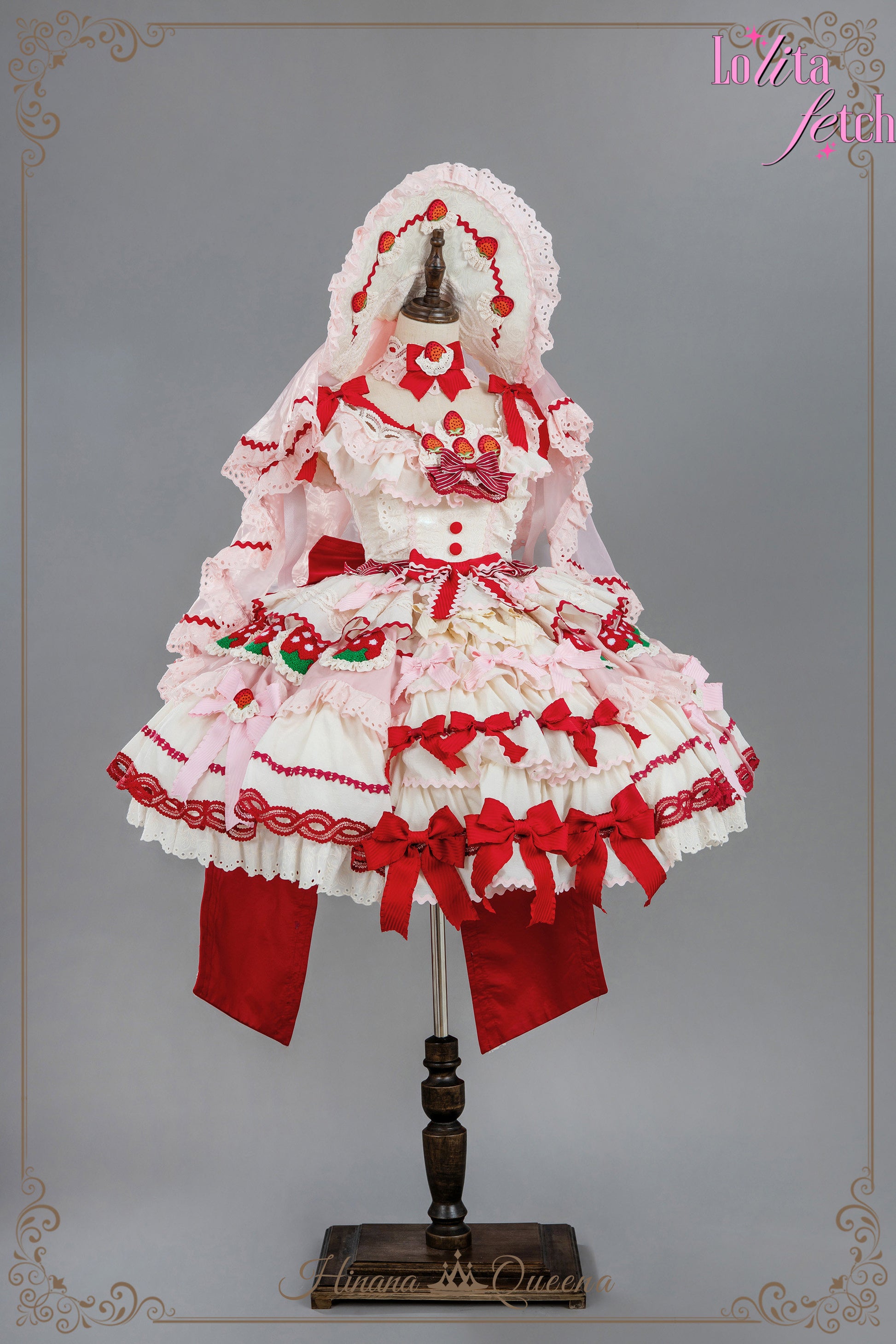 Gorgeous strawberry-themed Lolita Fetch wedding dress with lace and ruffles, featuring a JSK and OP in a romantic, elegant style.