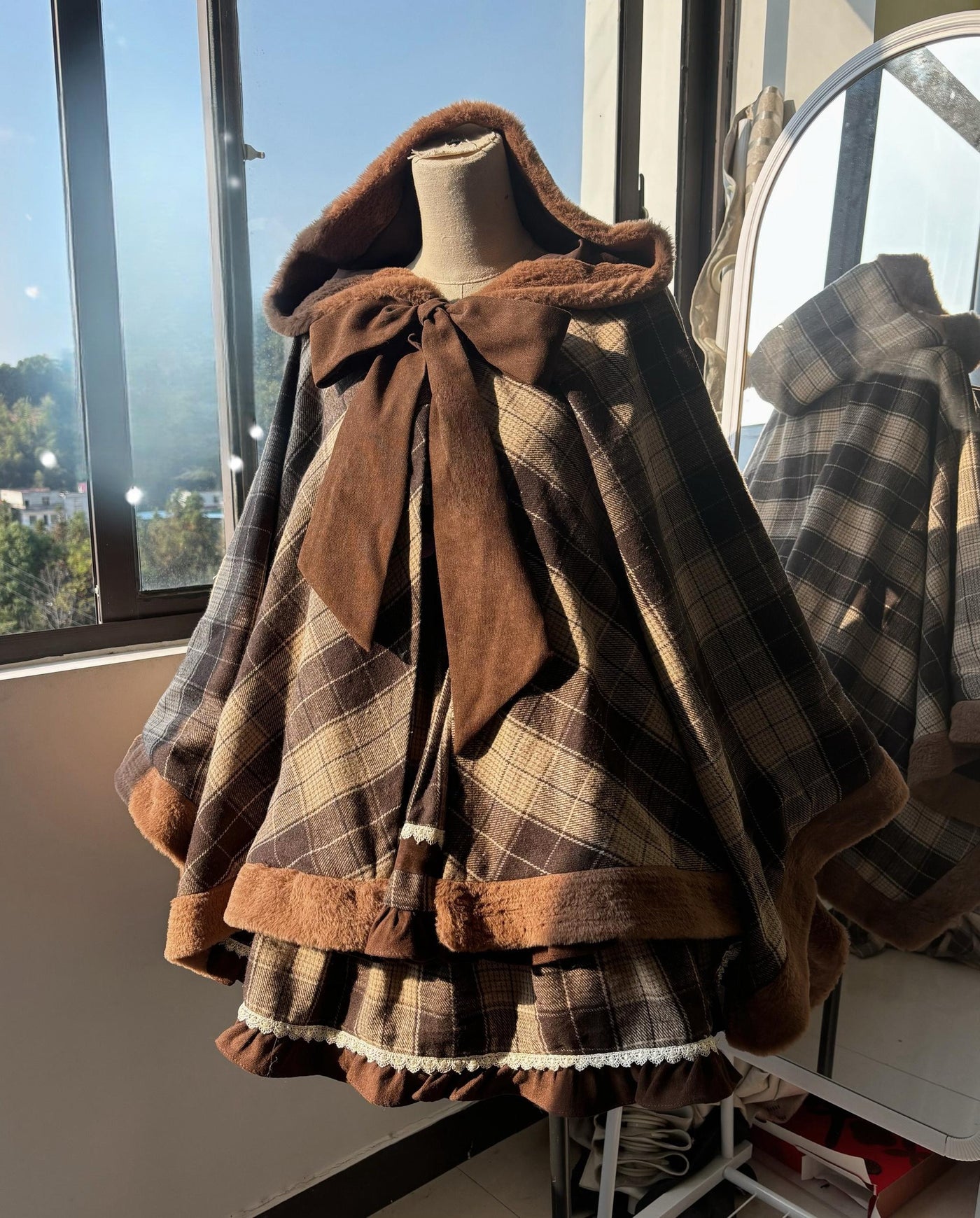 Qianmu - Waffle - Kawaii Lolita Cape Daily Lolita Plaid Hoodie Cloak