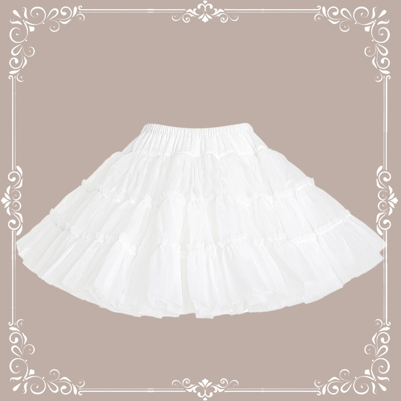 White extreme-puffy Lolita petticoat with tiered ruffles in a decorative frame