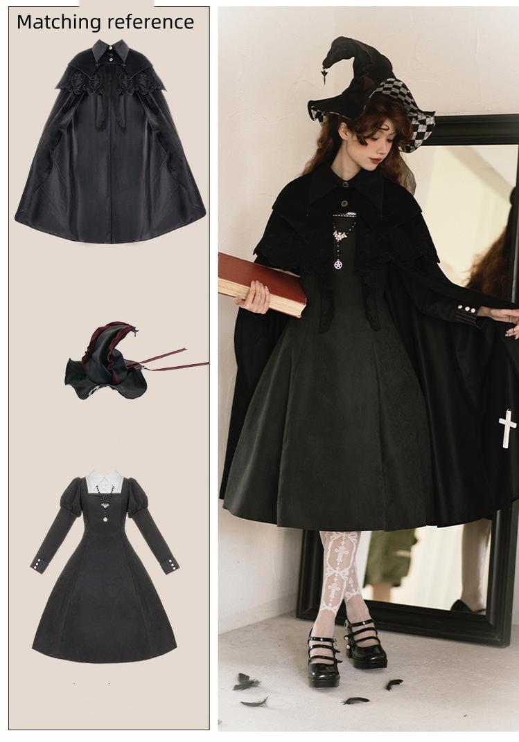 With PUJI - Pilgrim - Black Gothic Lolita Cape, Detachable 2-Piece