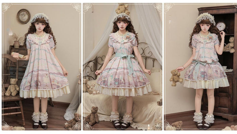 With PUJI - Brown Dollhouse SP - Kawaii Lolita Dollhouse Printed OP Dress with Embroidery