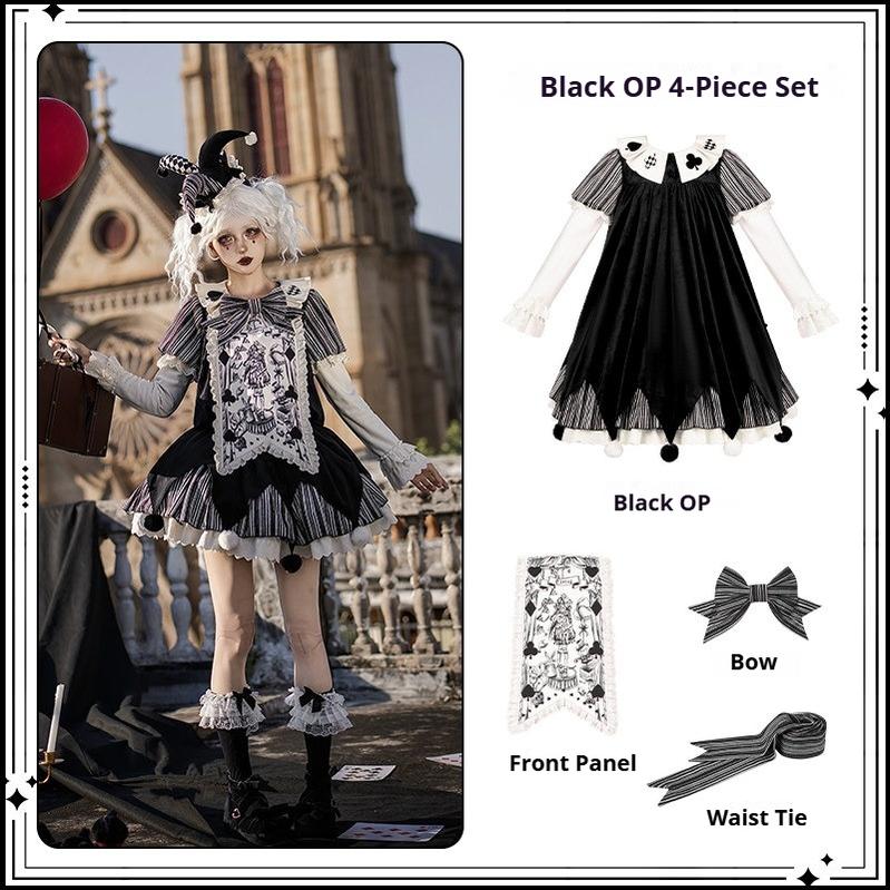 Puppet Mask - Clown Inspired Gothic Lolita OP Dress, Loose Fit Black 4-piece Set (OP + Front Panel + Bow + waist tie) S