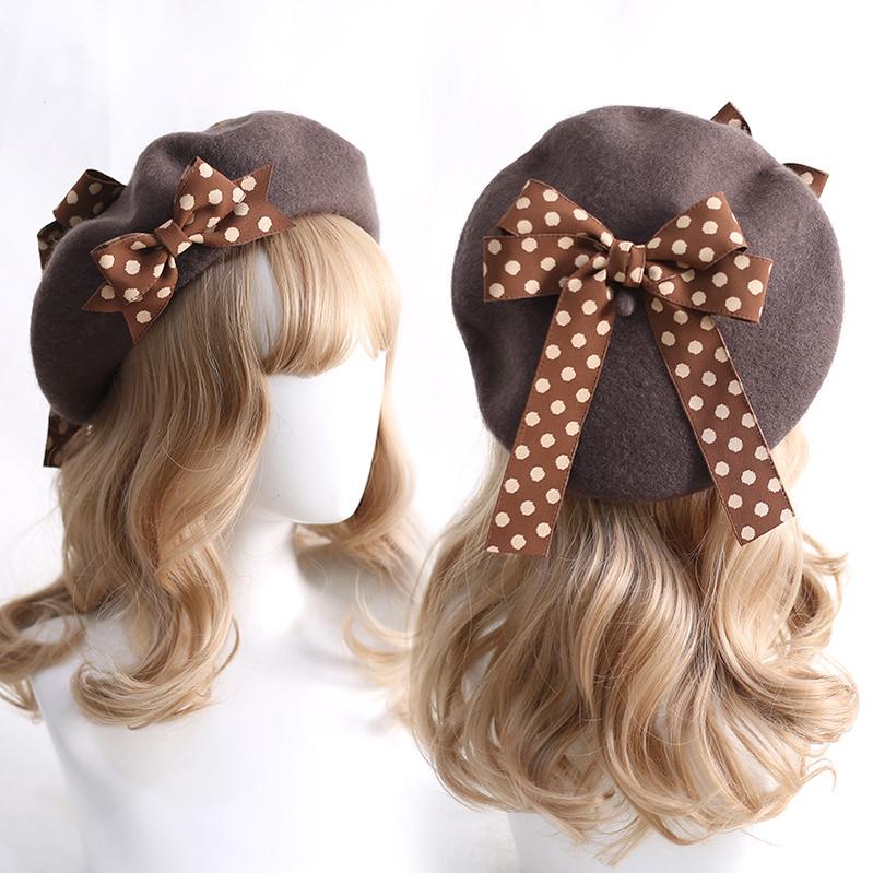 Xiaogui - Sweet Lolita Red Polka Dots Bow - Beret Hat Headwear