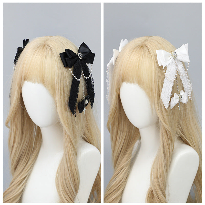 Gothic Fallen Angel Side Clip - Original Lace Bowknot Rhinestone Hair Accessory - Lolita Fetch