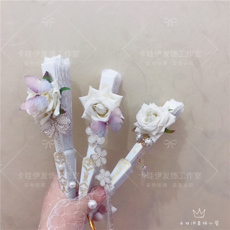 Beautiful handmade Lolita fashion bridal lace folding fan with gold stamping, European style, perfect for gothic vintage tea parties