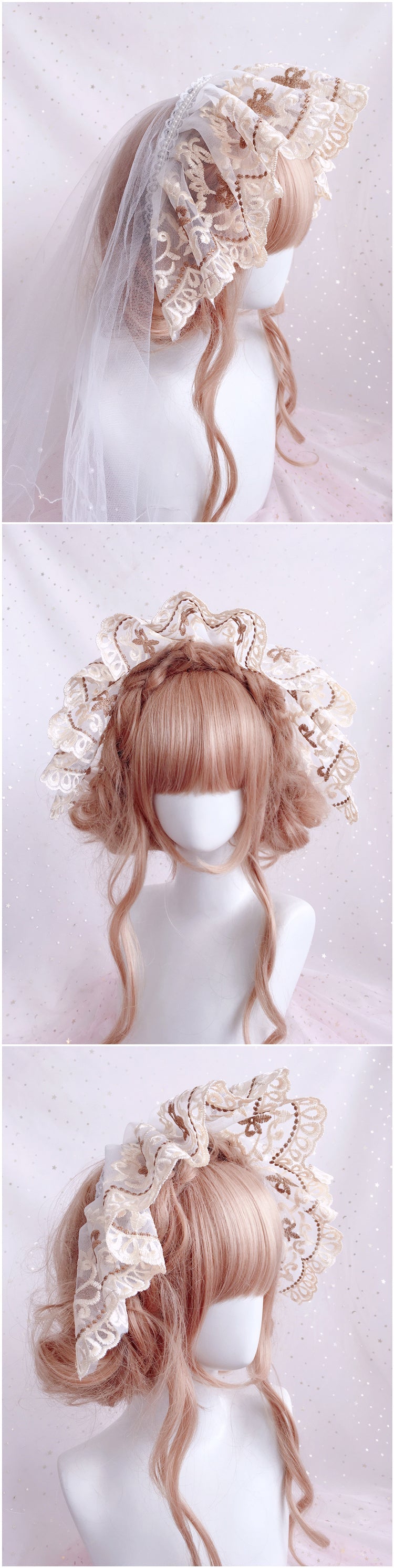 Embroidered Lace French Lolita Bonnet Headband - Vintage Lace Bnt Hat