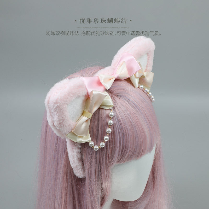 Handmade Lolita Pearl Cat Ear Headband - Bowknot Pearl Hair Accessory