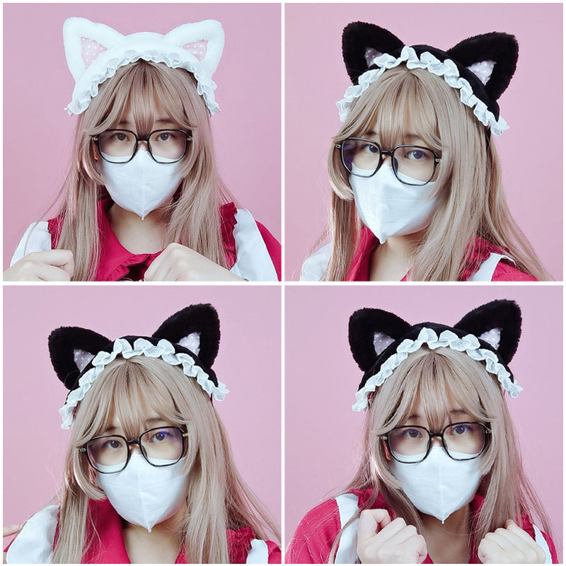 Handmade Plush Cat Ear Polka Dot Hair Accessories Sweet Cute Hair Clips Japanese Lolita Cat Ear Headband - Lolita Fetch