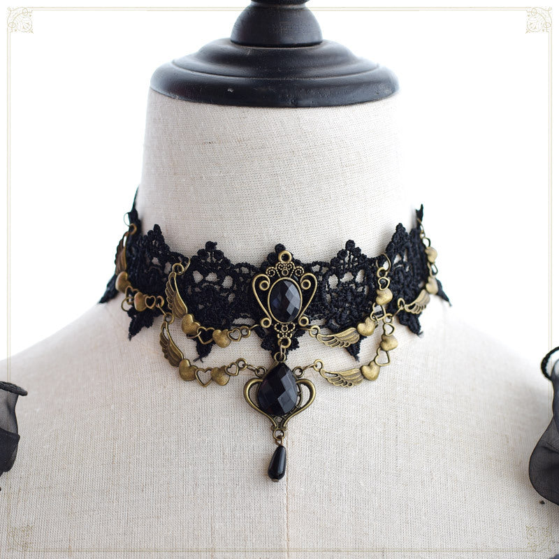 Gothic Dark Lolita Lace Necklace Y2K Harajuku Subculture Black Cross Choker - Lolita Fetch