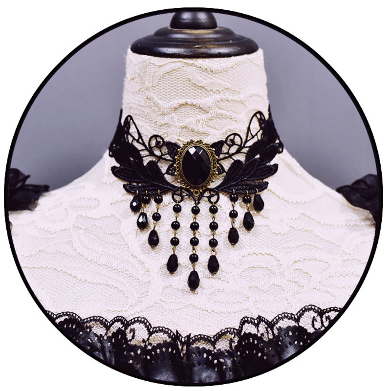 Gothic Dark Lolita Lace Necklace Y2K Harajuku Subculture Black Cross Choker - Lolita Fetch
