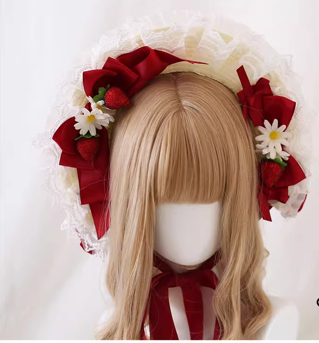 Xiaogui - Sweet Lolita Hat Strawberry Bonnet - with Lace and Bow Headwear