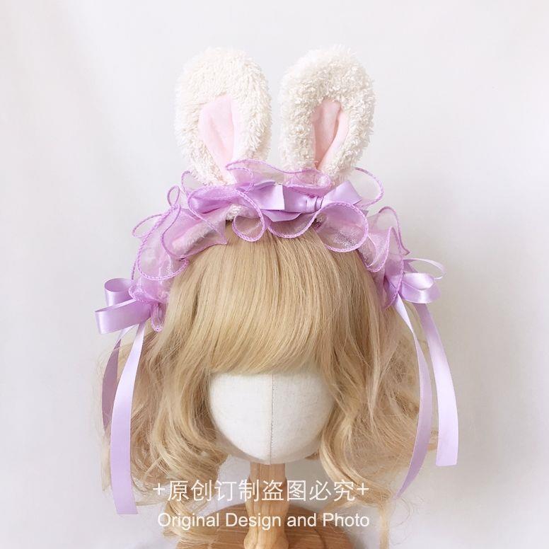 Lolita Handmade Ribbon Bunny KC Sweet Cute Bowknot Bunny Ear Headband Lolita Ruffled Hair Accessory Headwear - Lolita Fetch