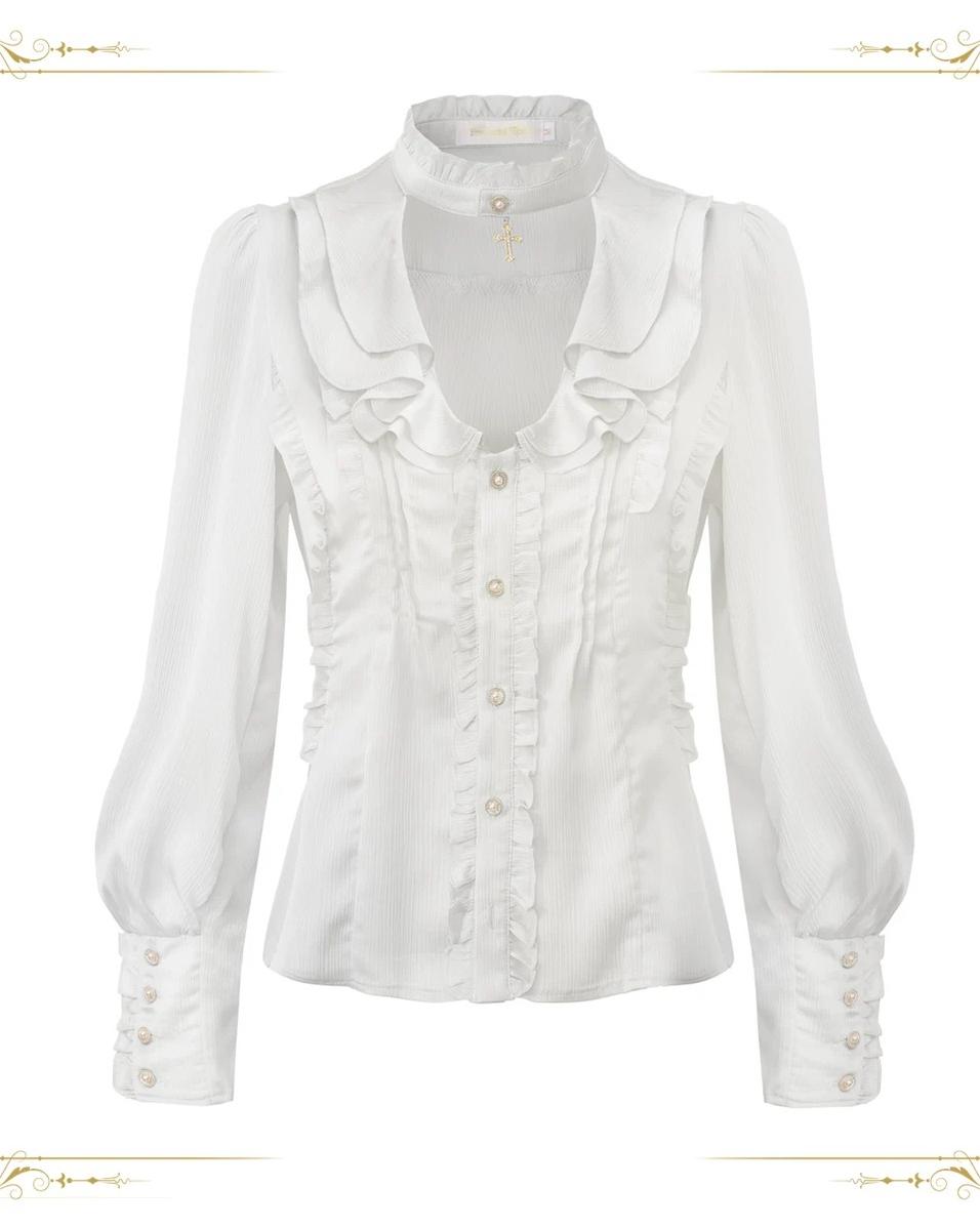 Immortal Thorn - Eternal Rabbit Invitation - Ouji Lolita Vintage Long Sleeve Blouse, Ruffles V-Neck