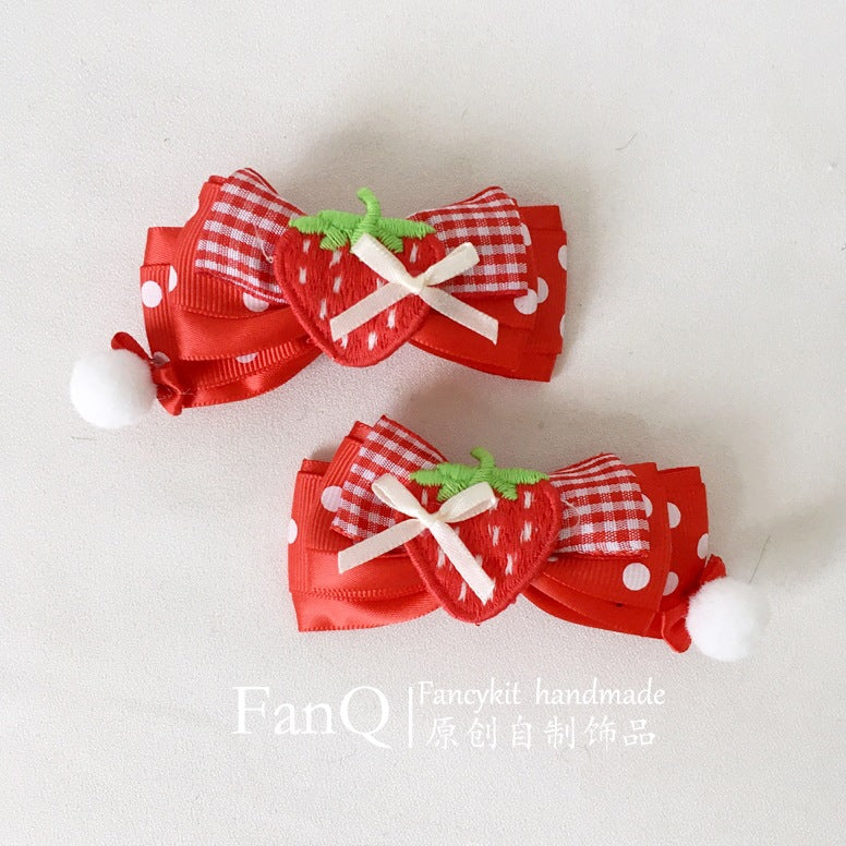 FanQ Handmade Lolita Sweet Little Strawberry Pom-Pom Hair Clip New Year Christmas Red Bowknot Pair Clip KC Hair Accessories