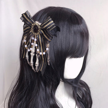 Halloween Gothic Lolita Pearl Chain Hair Clip Dark Style Skull Claw Wing Bow Hair Clip Brooch