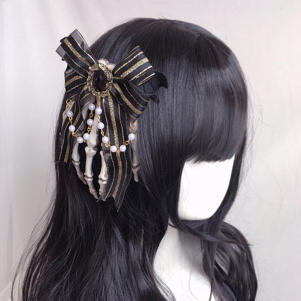 Halloween Gothic Lolita Pearl Chain Hair Clip Dark Style Skull Claw Wing Bow Hair Clip Brooch - Lolita Fetch