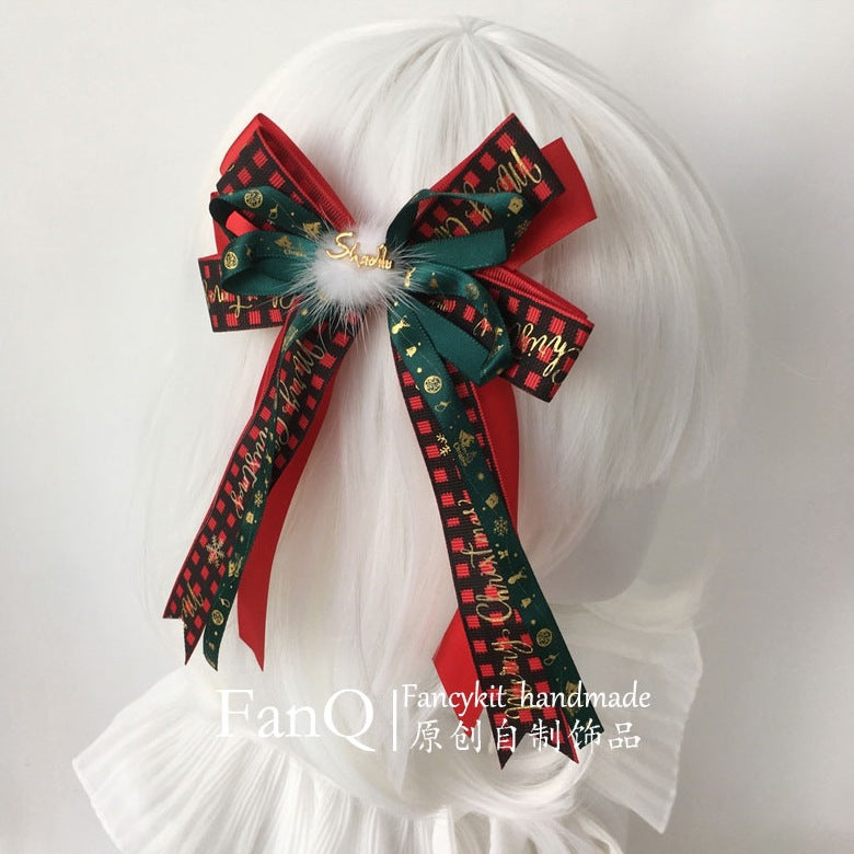 FanQ Handmade Christmas Bowknot Bunny Ear Headband KC - Small Snowball & Small Hat Lolita Hair Clip Accessory