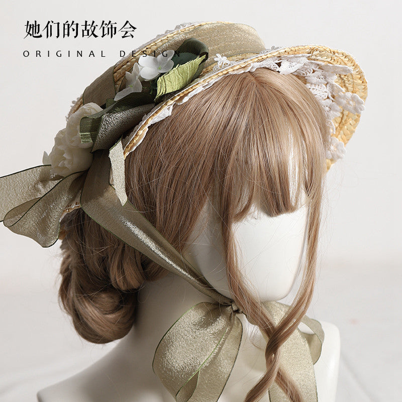 Lolita Flower Straw Hat for Women Summer Flat Hat Lolita Sun Protection Shade Han Yang Eclectic Mori Style Hat for Women