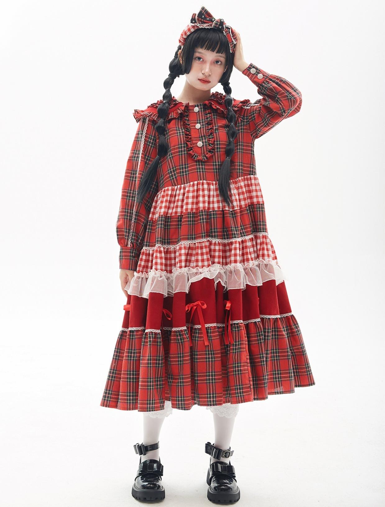SOS MEME CLUB - Vintage Plaid - Red Vintage Lolita OP dress with a doll collar - product detail 7