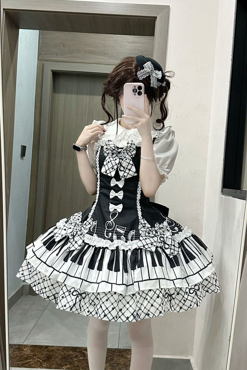 Black & White Sonata Piano Print Lolita JSK Dress - back and detachable train details