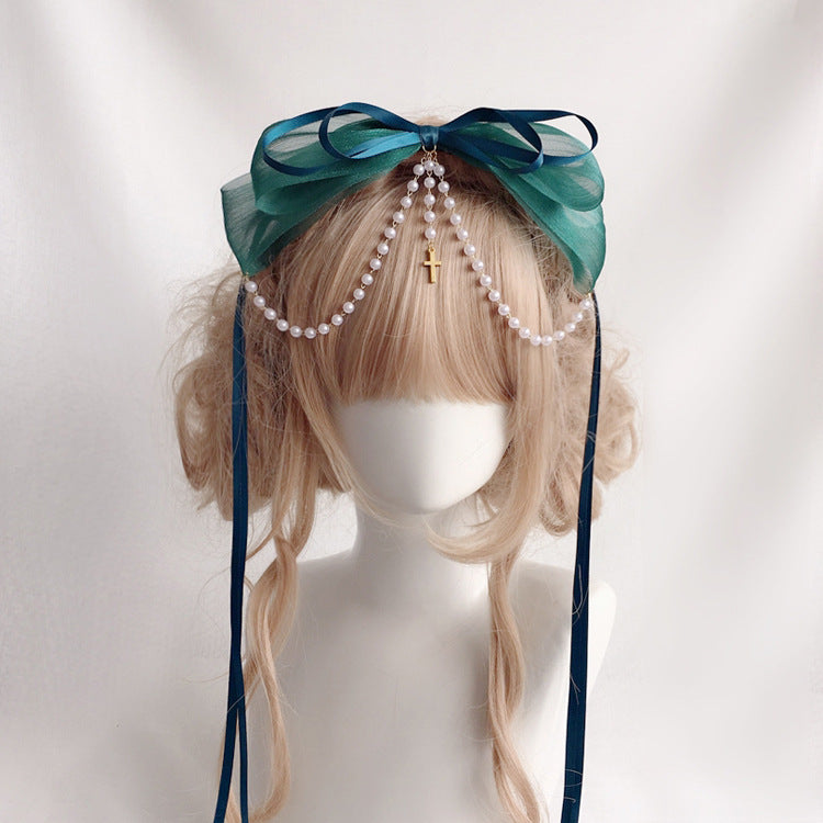 Original Handmade Lolita Double Layer Bow Ribbon Headband Lolita Pearl Cross Pendant Headband Hair Accessory