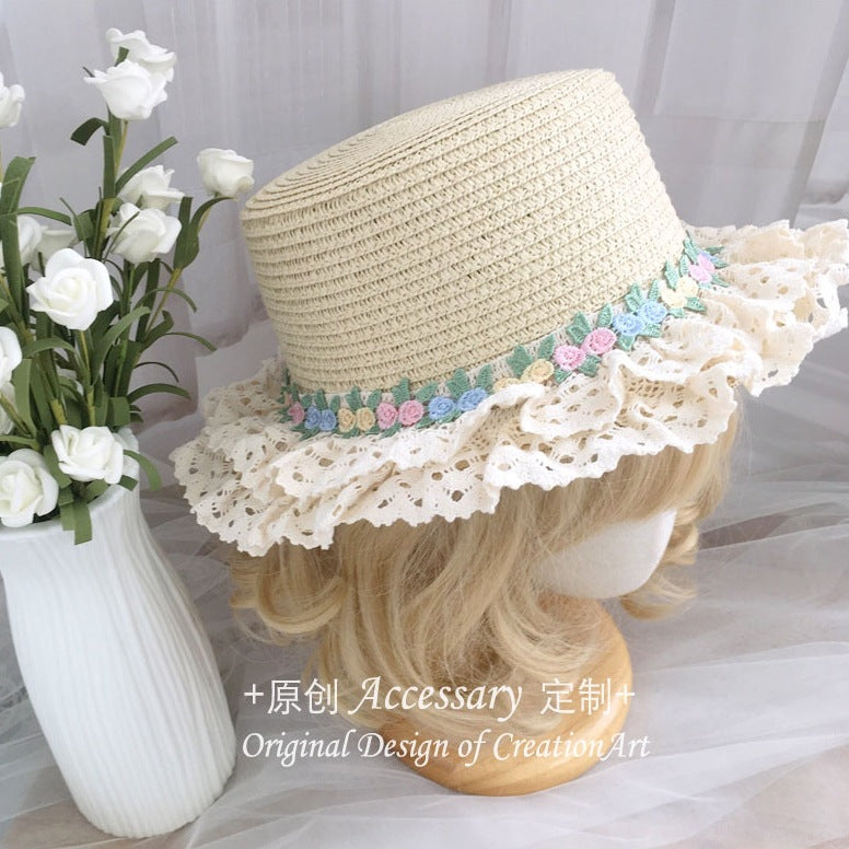 French Lolita Lace Trim Straw Hat for Women Summer Wide Brim Flat Top Sun Hat Beach Sunshade