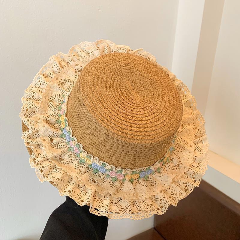 French Lolita Lace Trim Straw Hat for Women Summer Wide Brim Flat Top Sun Hat Beach Sunshade