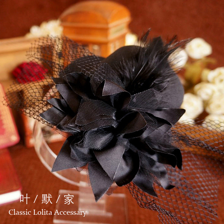 Dark Gothic Lolita Headwear Black Flower Feather Small Hat Hair Clip Side Clip Hair Accessory - Lolita Fetch