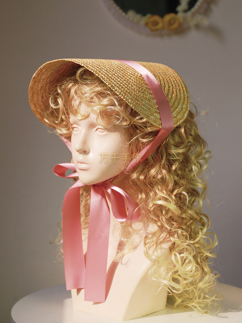 Vintage French Lolita straw flat hat with lace strap, handmade accessories, ideal for vintage-inspired footwear fashion.