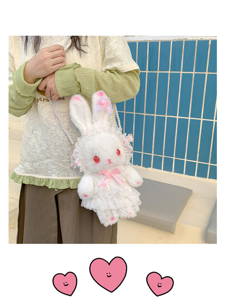Lop-Eared Bunny Lolita Pearl Chain Doll Bag – 2025 Cute Bow Plush Shoulder Bag