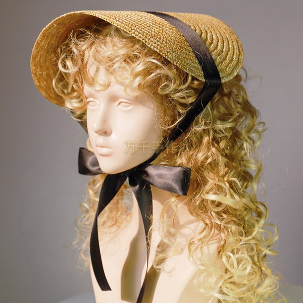 Vintage French Lolita Hat Straw Flat Hat DIY Handmade Vintage Accessories Bnt Lace Strap Hat