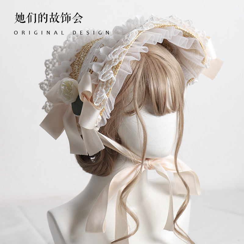 Lolita Hat Handmade Bonnet Multi-color Reminiscence BNT Original Design Pastoral Style Lolita Straw Hat for Women Summer