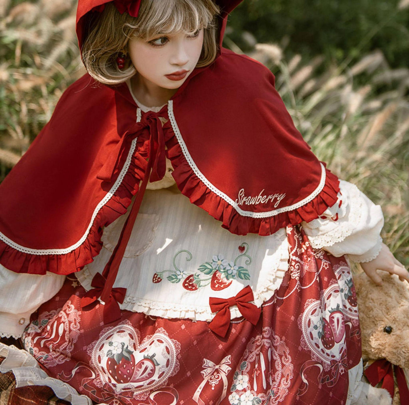 Your Princess - Strawberry Diary - Sweet Lolita Strawberry Print OP Dress with Cape