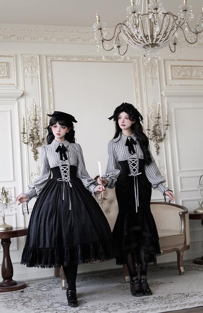 With PUJI - Dusk Moment - Classic Lolita Striped OP & Mermaid Dress Set, Fishbone Waist
