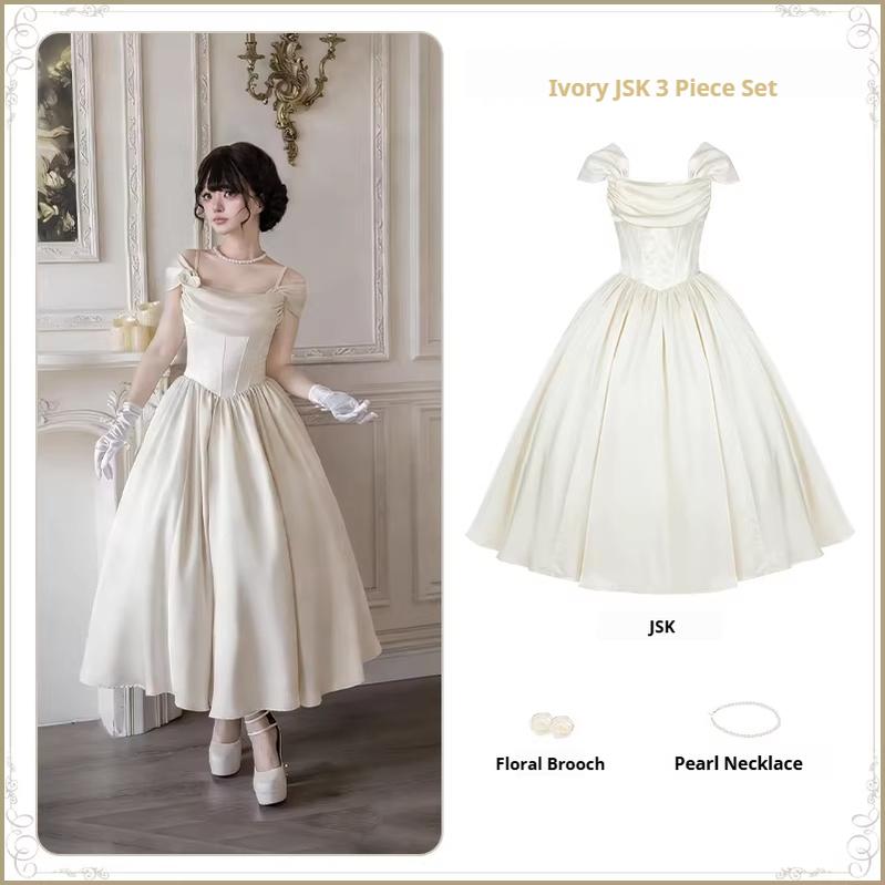 For Beloved - Classic Lolita Satin JSK Dress Set, Fishbone Waist (L M S) 45039:835289