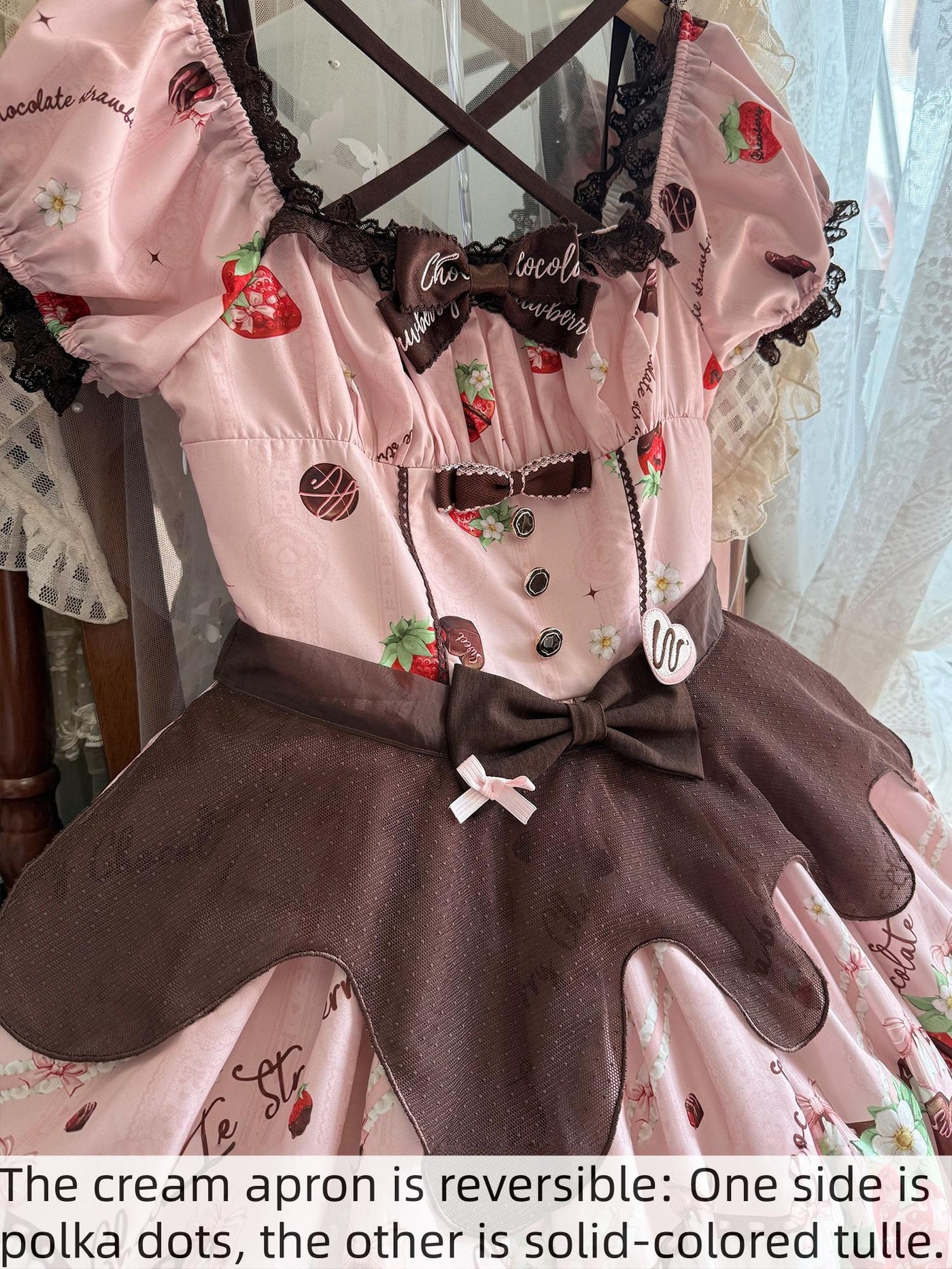 Strawberry Chocolate Lovers - Sweet Lolita Embroidered Printed Accessory Cream-shaped Apron One Size