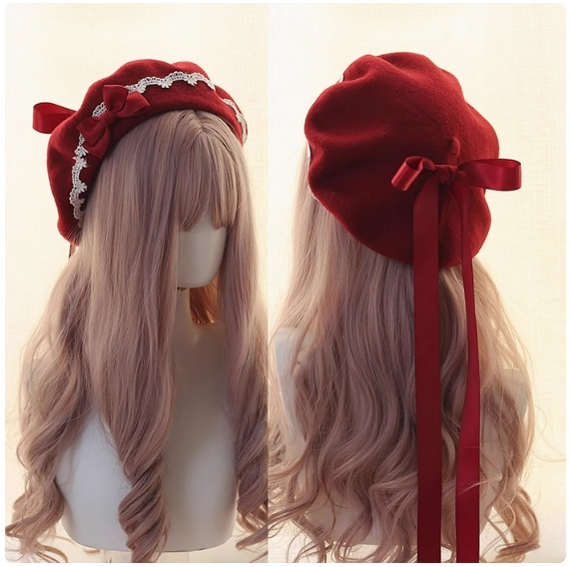 Xiaogui - Japanese Style Sweet Woolen Lolita Lace Beret red bow(red hat)
