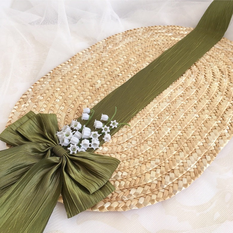 Original French Pastoral Lolita Handmade Lily of the Valley Forest Style Bowknot Bnt Flat Hat Straw Hat Photo Shoot Catwalk Cla